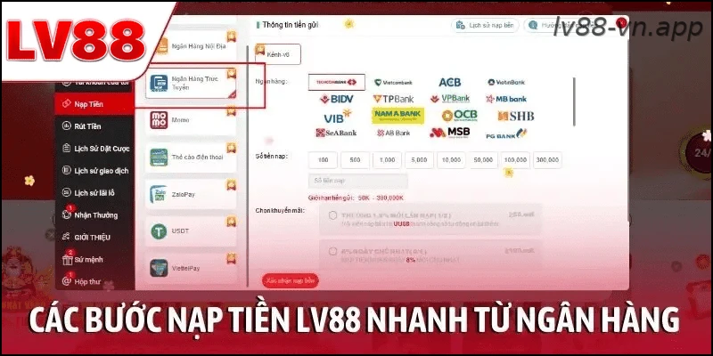 Hướng dẫn nạp tiền LV88 qua ngân hàng trực tuyến từng bước