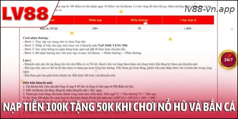 Nạp tiền 100K tặng 50K khi chơi nổ hũ và bắn cá